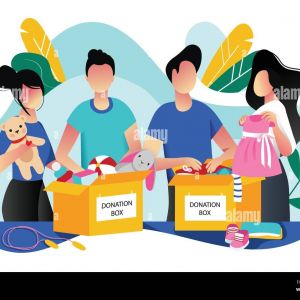 donazione di giocattoli e vestiti per bambini vettore trendy cartoon piatto illustrazione concetto di assistenza sociale volontariato e carita i volontari raccolgono donat 2d6n17b